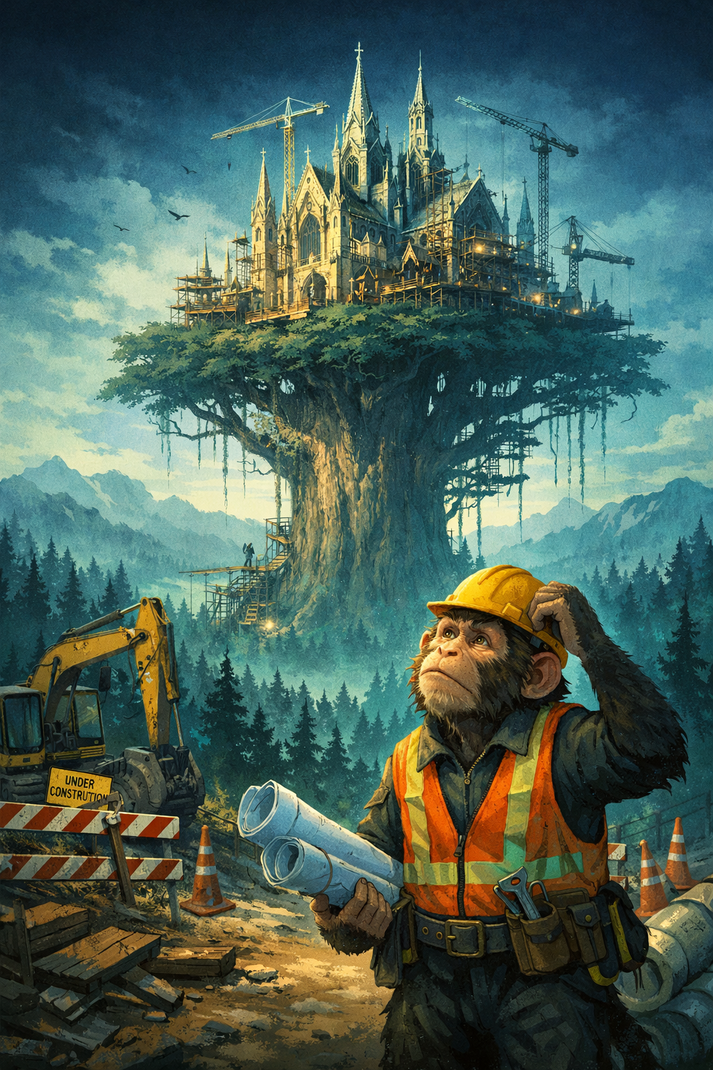 A monkey in construction gear scratches its head while looking at a cathedral being built atop a massive tree towering over a forest of smaller trees.
